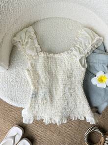 GlowEve Apricot Embroidered Frill Trim Button-Up Vacation Blouse For Women - Apricot - View 2