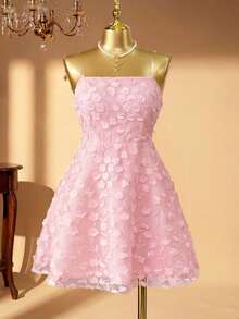 Elenzga Elegantes kurzes Kleid in Große Größen für Damen, mit gewebter Stickerei, Mesh-Lagen und Blumenmuster, Pink - Pink - Übersicht 3