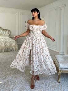 Lyrianda Plus Size Women's Beige Summer Off Shoulder Floral Print Midi Dress,Curve Elegant Wedding Guest Party Holiday Cottagecore Modest Wildflower Dress - Multicolor - View 3