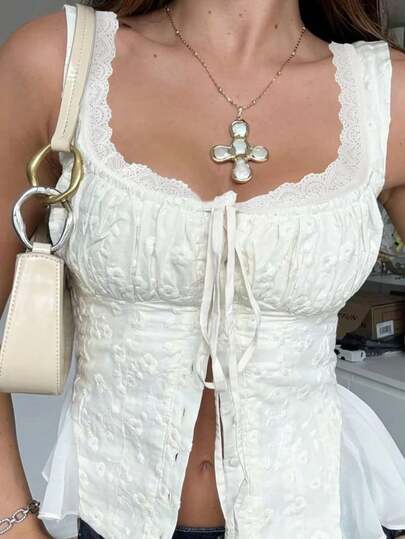 Livesso Women's Elegant Solid Color Lace Trim Embroidered Front Button Camisole, Summer Vacation