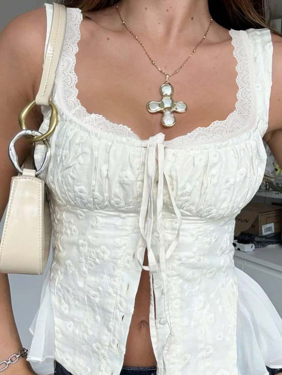 DAZY Women's Elegant Solid Color Lace Trim Embroidered Front Button Camisole, Summer Vacation Babydoll Top - White - View 1