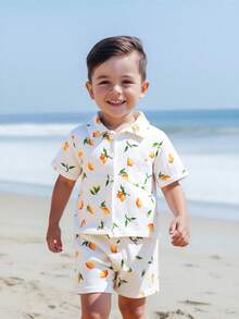 SHEIN Playful Pals 两件套男童休闲日常柠檬数码印花双层荷叶边短袖上衣和松紧腰柠檬数码印花双层荷叶边短裤，舒适透气，适合户外玩耍或居家穿着，百搭夏季套装 - 白色 - 查看 4
