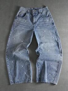 ROMWE MEN Street Life Quần jeans ống rộng nam, có túi, cài nút và đính đá, kiểu dáng thường ngày, đa năng. - Màu xanh nhạt - Xem 1