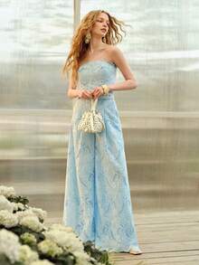 MOTF PREMIUM WOMEN'S ROMANTIC ELEGANT LACE BUCKLE BELTED BANDEAU JUMPSUIT, SPRING/SUMMER - Blue - View 5