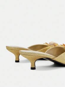 CUCCOO HITCHD Women's Summer New Floral Beaded Square Toe Kitten Heel Mules, Elegant & Versatile Wedding Shoes Summer Shoes Bride Shoes - Gold - View 10