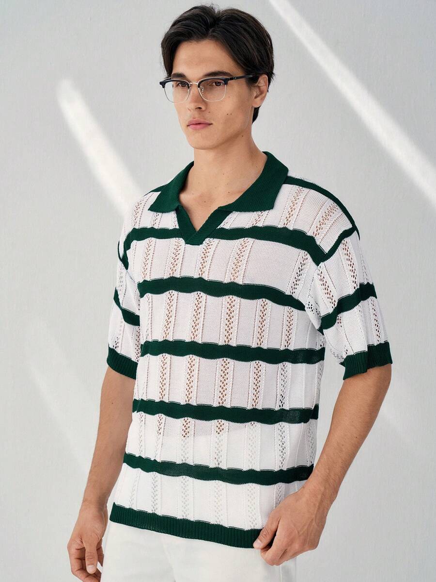 Manfinity CityGents Men's Striped Print Casual Short Sleeve Knit Top, Spring/Summer - Multicolor - View 1