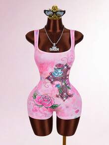 Amplova Women's Printed Bodycon Jumpsuit, Suitable For Music Festival Outfit; Women's Cross Print Slim Fit Scoop Neck Sleeveless Mini Dress, Summer - Pink - View 1