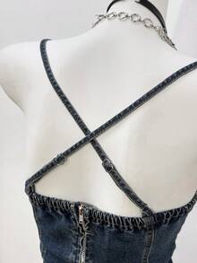 Jeanoix 女士时尚休闲Y2K复古修身性感牛仔连衣裙 - 深色水洗藍 - 查看 5