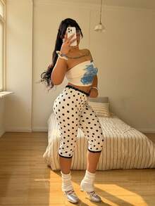 Sunnyshic 大码女式休闲甜美度假通勤波点蕾丝边七分裤打底裤白色七分裤曲线七分裤女式七分裤波点七分裤 - 黑與白 - 查看 5