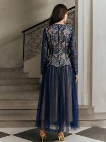 Anewsta 优雅香槟色花卉网纱亮片长袖连衣裙，适合派对、约会、节日、度假等场合穿着。 - 藏蓝色 - 查看 2