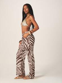 MISSGUIDED Wide Leg Zebra Print High Waisted Palazzo Pants With Silver O Ring Belt Detail For Summer Fashion - Multicolor - View 5