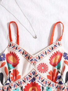 Sparklyn Bộ áo liền quần và quần short in hoa rực rỡ cho bé gái tuổi teen, cổ chữ V, không tay, thích hợp cho kỳ nghỉ hè. - Nhiều màu - Xem 3