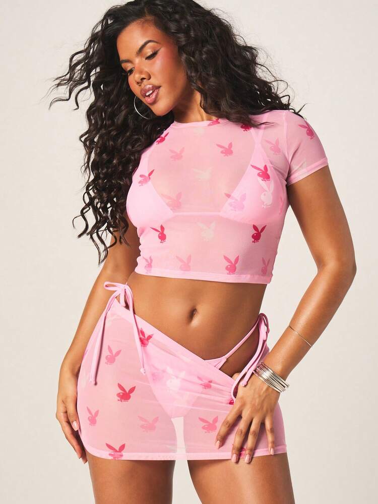 Missguided x Playboy Mesh Beach Cover Up Set With Bunny Print Short Sleeve Crop Top And Mini Skirt Summer Vacation Poolside Beachwear