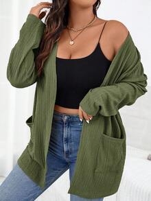 SHEIN Essnce 大码女装秋季新款时尚长袖双口袋开襟外套，商务风 - 橄欖綠 - 查看 4