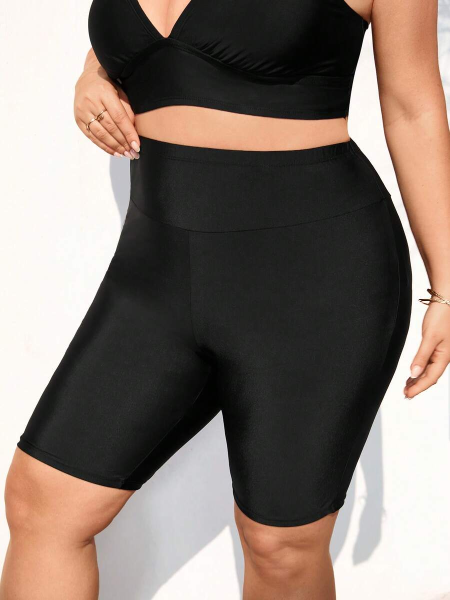 SHEIN CURVE+ Plus Size Women Black Solid Color Beach Swimwear Bottom Shorts - Black - View 1