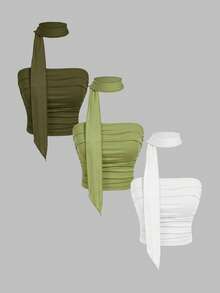 SHEIN MOD Set de 3 piezas de top corto de punto ajustado con volantes y tirantes de bufanda para mujeres - Verde militar - Ver 1