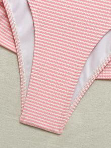 Bellisia White & Pink Textured Fabric Halter Neck Deep V-Neck Backless Double Ruffle Hem Beach Pool Party Cute & Sweet Style Women Swimsuit Skirt - Pink - View 4