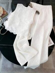 GlowEve CURVE Plus Size Women Hollow Out Embroidery Vest And Pants 2 Pieces Set, Suitable For Daily Commute - White - View 2