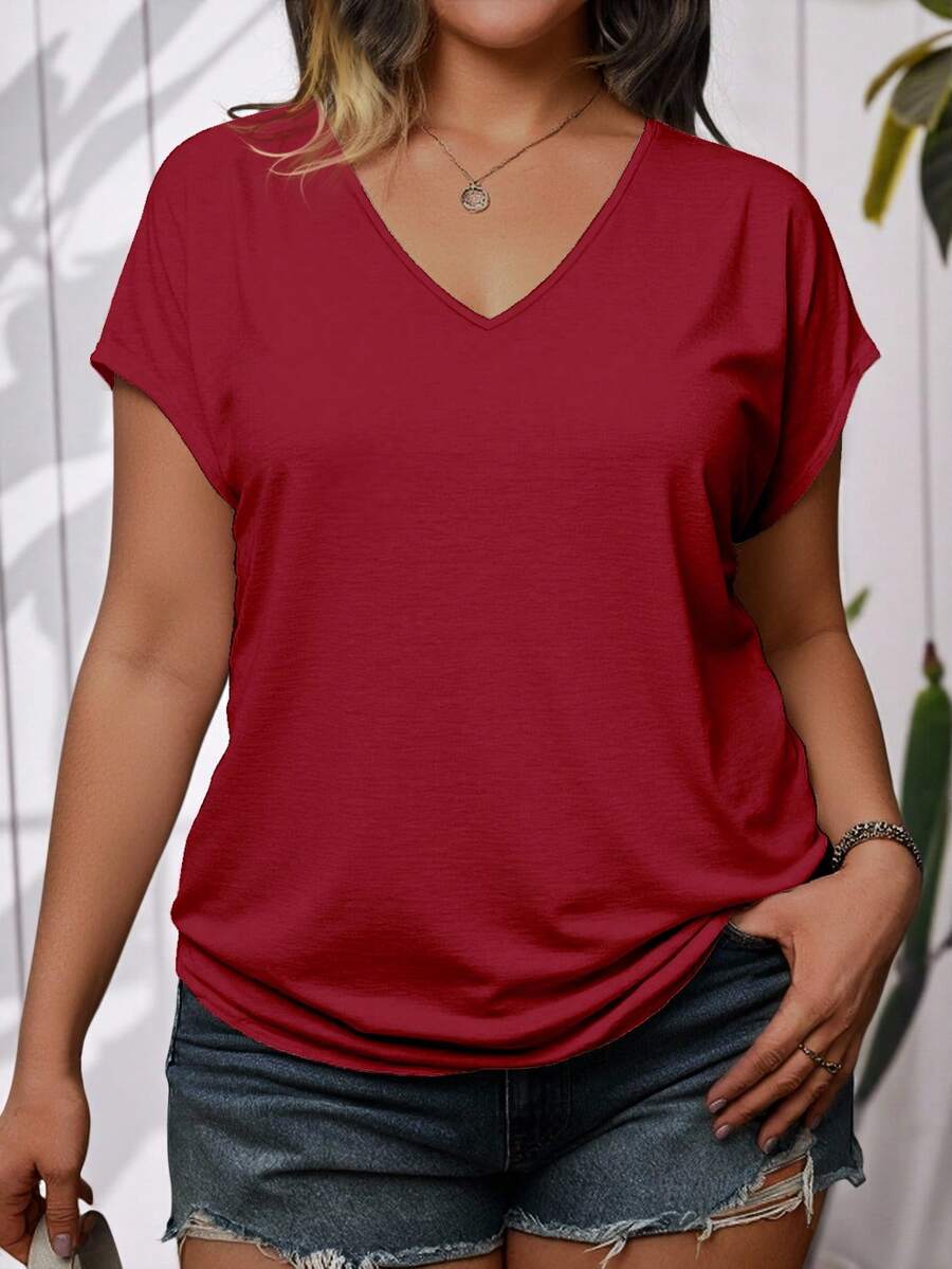 EMERY ROSE Áo thun nữ cỡ lớn cổ chữ V tay raglan, kiểu dáng thoải mái và năng động. - Nhiều màu - Xem 1