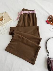 Sweetra Women's Brown Waistband With Pink Lace Trim Casual Commuter Y2K Retro Bohemian Pants With Right Side Unique Print, Spring/Summer - Brown - View 1