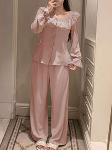 DAZY 2pcs Spring Women Sleepwear Set, Marl Knit Fabric Romantic Lace Trim Cardigan & Straight Leg Long Pants Pajamas - Baby Pink - View 1
