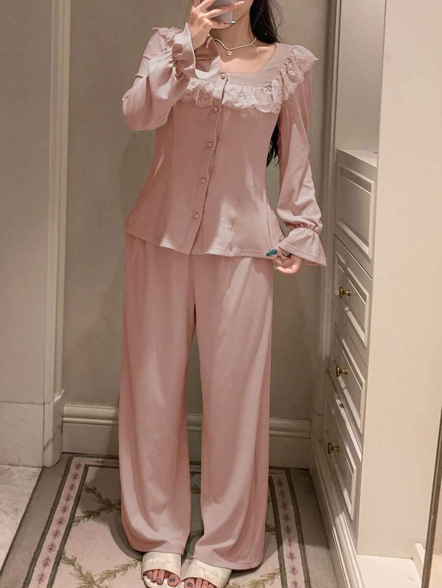 DAZY 2pcs Spring Women Sleepwear Set, Marl Knit Fabric Romantic Lace Trim Cardigan & Straight Leg Long Pants Pajamas - Baby Pink - View 1