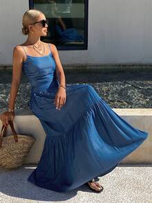 Livesso Casual Denim Camisole Top And Maxi Skirt Set For Women - Medium Wash - View 5