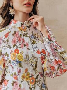 Anewsta Women's Spring/Summer Floral Print Elegant Long Sleeve Mini Dress - Pink - View 3