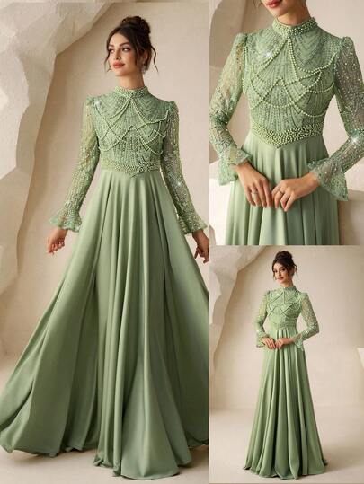 Coutiva Elegant Autumn And Winter Sequined Satin High Collar, Long Sleeves, Pearl Rhinestone Design, A-Line Swing Dress, Suitable For Wedding Guest Dress, Birthday Party Dress, Graduation Ceremony, Music Festival, Party Dress Green Elegant Dress Dress With Pearls Long Sleeve Formal Dress Luxury Dress For Women Victorian Vintage Style Dress