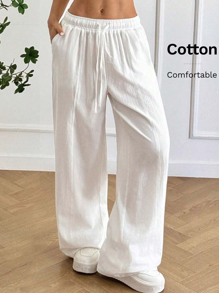 SHEIN Teen Girls' White Woven Drawstring Waist Casual Loose Wide Leg Pants, Vacation Style, Spring/Summer - White - View 1