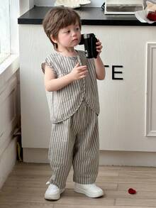 DAZY Baby Boy Striped Print Button-Front Shirt And Pants Casual Outfit - Grey - View 7