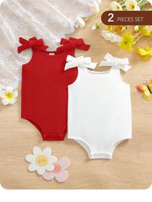 2pcs/Set Cute Summer Knitted Solid Color Bow Romper For Baby Girl - Multicolor - View 6