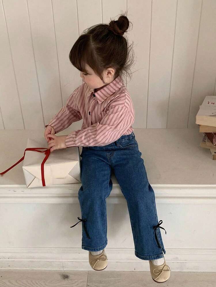 Toddler Girls' Loose Korean Style Flared Leg Jeans With Bow Decor