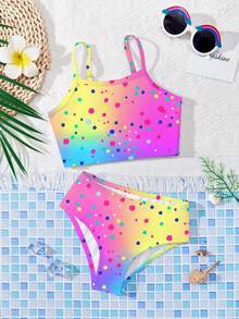 SHEIN 渐变印花，海滩度假风，少女休闲简约修身吊带背心和三角比基尼泳衣套装，适合夏季休闲度假，#椰子女孩 - 彩色 - 查看 3