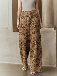 Anewsta 棕色牛仔印花阔腿牛仔裤，时尚百搭，女士款 - 棕色 - 查看 4