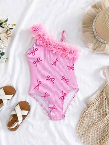SHEIN Emery Rose Kids 小女孩可爱数码印花粉色蝴蝶结连体泳衣，适合海滩和泳池度假 - 淺粉色 - 查看 6