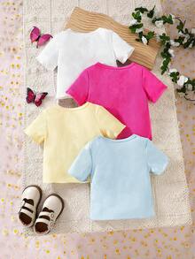 SHEIN Vintaside Kids 4 chiếc áo thun ngắn tay thêu họa tiết dễ thương, đa năng cho bé gái. - Nhiều màu - Xem 3