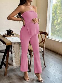 SHEIN 2pcs Maternity Summer Solid Color Side Slit Textured Tube Top And Flare Pants Set - Mauve Purple - View 3