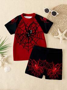 SHEIN Bộ đồ bơi nam gồm áo thun ngắn tay cổ tròn dáng rộng thoải mái và quần short, thích hợp cho mùa hè. Họa tiết trái tim và mạng nhện cổ điển, cá tính, phù hợp cho bơi lội, lướt sóng, đi biển và kỳ nghỉ. - Nhiều màu - Xem 2