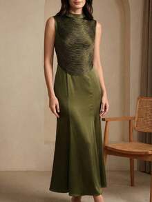 Anewsta 2 Pieces Sleeveless High Neck Fringe Patchwork Satin Fishtail Dress, Retro Chic & High-End - Green - View 8