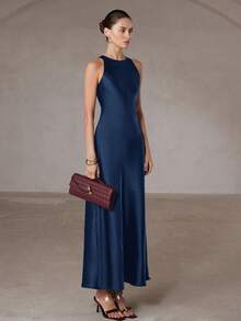 Aveloria Modichic Minimalist Elegant Bias Cut Double-Sided Satin-Like Acetate Fabric A-Line Sleeveless Dress, Flattering - Navy Blue - View 2