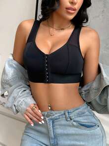 1 pieza Sujetador inalámbrico de cierre frontal de unicolor para mujer - Negro - Ver 3
