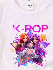 Young Girls' Basic Round Neck Cartoon Print Short Sleeve T-Shirt - White - View 4