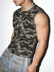 Manfinity Dauomo Casual Fashion Men's Round Neck Sleeveless Half-Zip Camouflage Tank Top - Grey - View 5