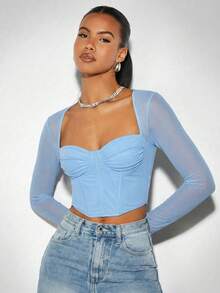 SHEIN BAE Áo corset đi chơi, áo kiểu mùa xuân cho nữ, áo đen. - Màu xanh nhạt - Xem 1