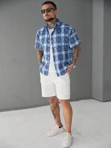 SLATEMANN Camisa de manga corta con caída de hombros y estampado de cuadros jacquard de moda para hombres - Azul - Ver 7