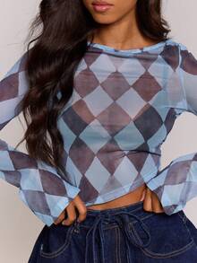 MUSERA Diamond Print Mesh Asymmetric Hem Long Flared Sleeve Top Autumn Winter Cool Streetwear Going Out Casual Everyday New Retro Spring Summer - Baby Blue - View 3