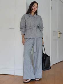 Dazy-Less Women's Casual Commuter Shirt And Pants 2 Pieces Set - Apricot - View 2