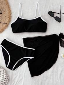 SHEIN Teen Girls' Colorblock Black And White Bikini Sets - Black and White - View 7