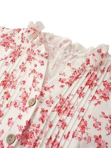 Linhara Summer Fashionable Casual Vacation French Retro Elegant Commuting Ruffled Floral Print Shirt - Pink - View 3